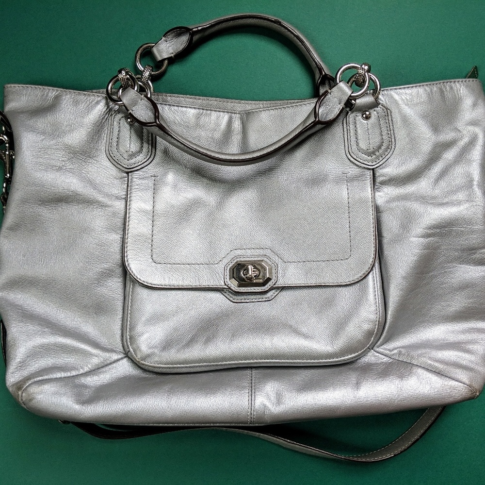 Coach Large Genuine Leather Crossbody Silver Bag